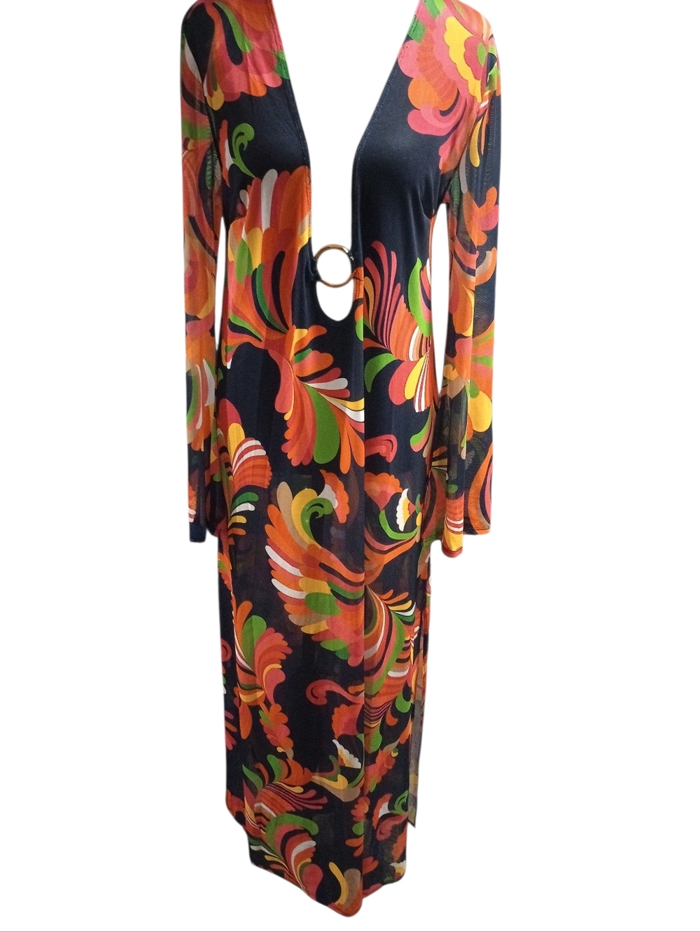 Trina Turk Long Navy Floral Plunge Swim Cover Up with Ring Detail, NWT